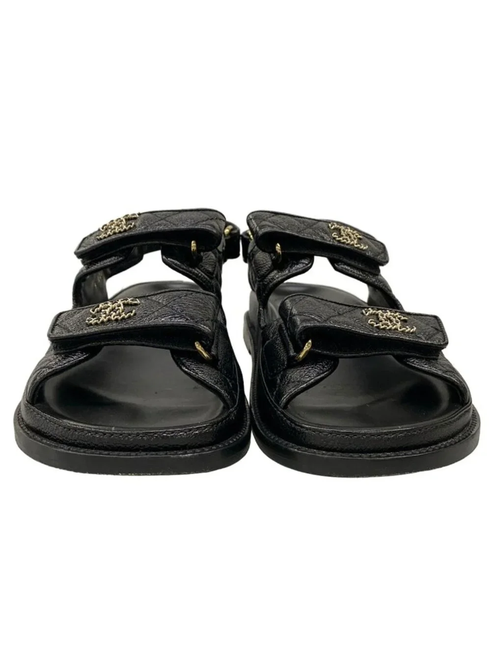 Chanel Sandals C Black Quilted CC Logo Gold Velcro